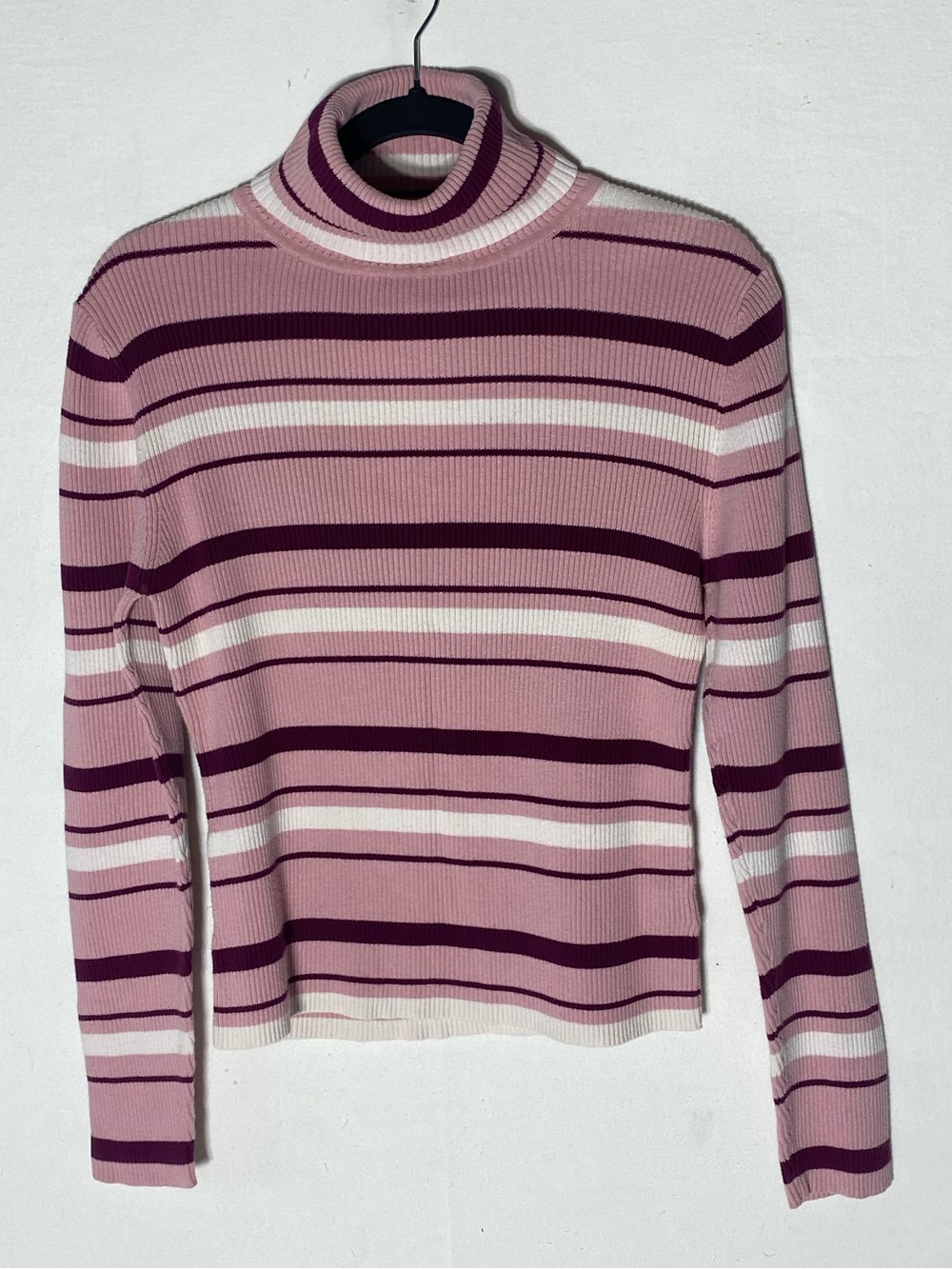 Vintage 90s Y2K Jessica Sport Pink Striped Ribbed Fitted Cotton Turtleneck L